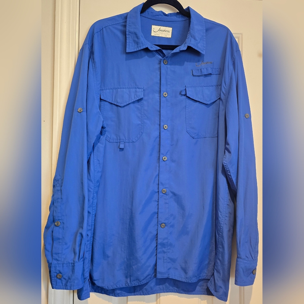 Jawbone Tackle Shirt Mens Sz Lrg Blue Long Sleeve Button Up Vented Fishing Nylon
